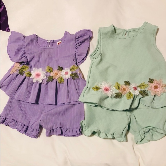 Baby Girl 12-18 m Floral Embroidered Two-Piece Sets Mint& Lavender Summer Shorts - Picture 2 of 12